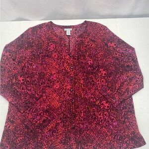 Catherines Women’s Paisley Blouse 1X Roll Tab SL Pleated Front Red Black